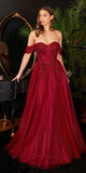 Cinderella Divine CD0198 Long Lace A-Line Gown with Off the Shoulder Sleeves