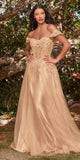 Cinderella Divine CD0198 Long Lace A-Line Gown with Off the Shoulder Sleeves
