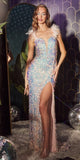 Cinderella Divine CD248 Floor Length Feather Strap Iridescent Sequins Gown