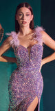 Cinderella Divine CD248 Floor Length Feather Strap Iridescent Sequins Gown