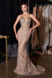 Ladivine CD695 Halter Neck Crystal Sequin Plunging Mermaid Dress