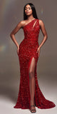 Ladivine CD884 Long One Shoulder Sequin Gown with Slit