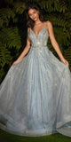 Cinderella Divine CD940 Stunning A-Line Ball Gown Glitter Tulle Long V-back