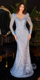 Ladivine CD989 Floor Length Glitter Print Dress with Long Sleeves