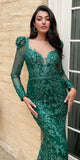 Ladivine CD989 Floor Length Glitter Print Dress with Long Sleeves