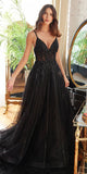 Cinderella Divine CD994 Long A-Line Beaded Tulle Gown Lace Detail V-Neck