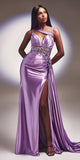 Cinderella Divine CDS415 Long Fitted Satin Gown with Lace Detail and Slit