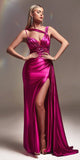 Cinderella Divine CDS415 Long Fitted Satin Gown with Lace Detail and Slit