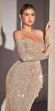 Cinderella Divine CH135 Long Sequin Off the Shoulder Long Sleeve Gown