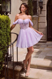 Ladivine CJ420 Off-Shoulder Glitter Tulle Short Dress with Corset Back