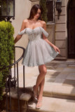 Ladivine CJ420 Off-Shoulder Glitter Tulle Short Dress with Corset Back