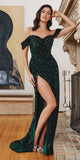 Ladivine CL03 Floor Length Off Shoulder Velvet Fitted Sequin Gown