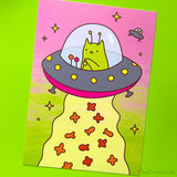 Alien Space Cat Art Print - Funny UFO Cat Beaming Up Kibble (5x7)