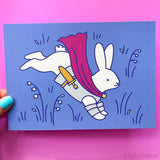 Medieval Bunny Art Print - Rabbit Quest With Dagger (5x7)