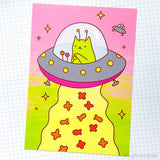 Alien Space Cat Art Print - Funny UFO Cat Beaming Up Kibble (5x7)