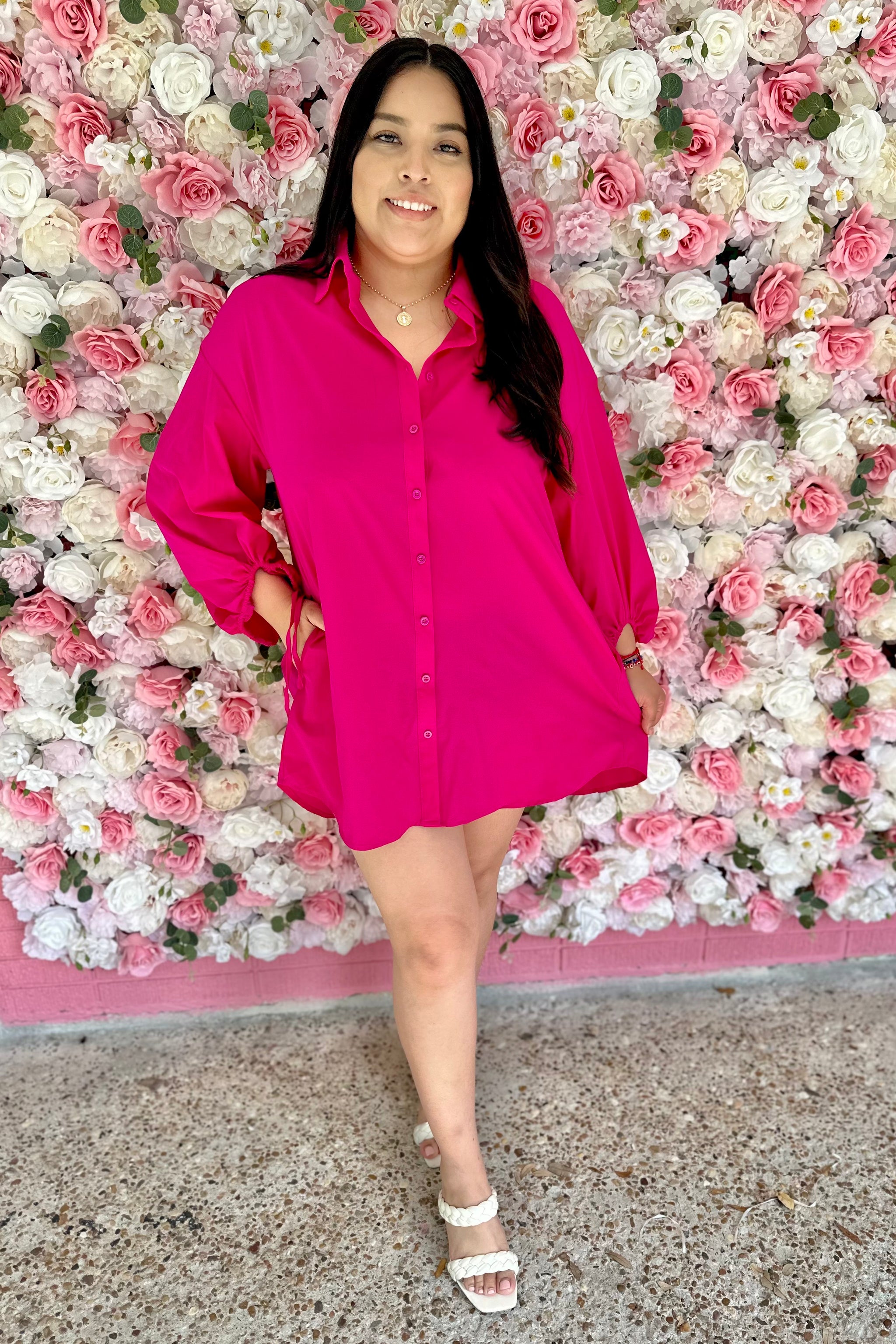 fuchsia shirt dress Miller | Typewriter Cloth Puff Sleeve Pink Shirt Dress