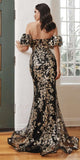 Ladivine J844 Strapless Glitter Floral Print Gown with Detachable Puff Sleeves