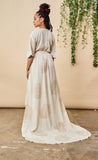Peacock Feather Maxi Wrap Dress W/ Train in Cream + Gold