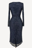 Ladivine Amoris T807 Knee Length Long Sleeve Sequin Dress V-Neckline
