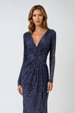 Ladivine Amoris T807 Knee Length Long Sleeve Sequin Dress V-Neckline