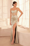 Ladivine Amoris T812 Long Fitted Sheer Bodice Cowl Neck Satin Prom Dress