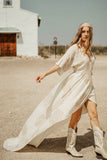 Peacock Feather Maxi Wrap Dress W/ Train in Cream + Gold