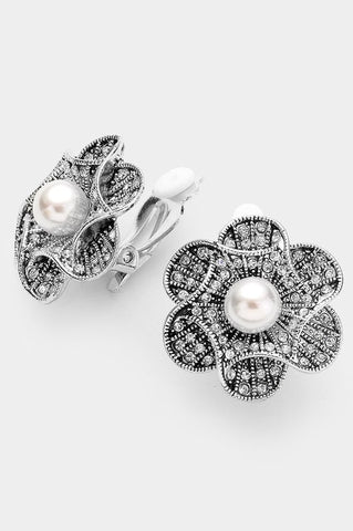 Pearl Flower Clip On Studs