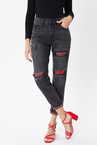 Black Patchwork Plaid Jeans