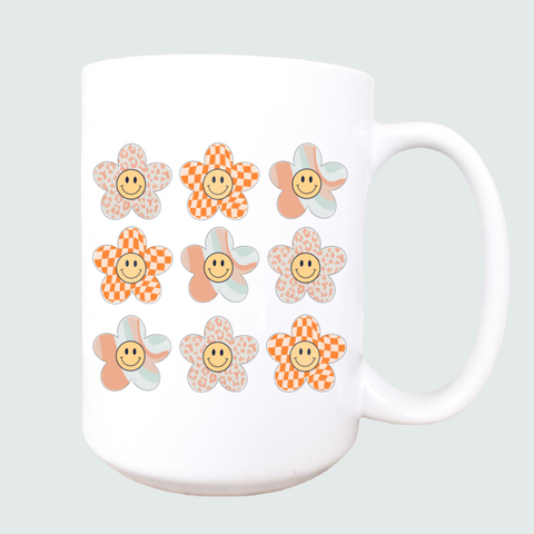 15oz Preppy daisy happy face ceramic coffee mug